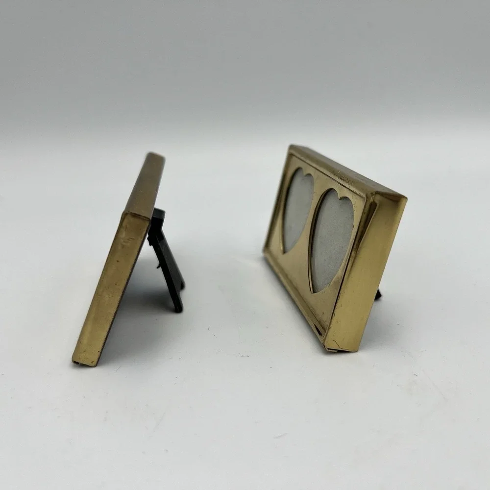Vintage Solid Brass Double Heart Shaped Mini Picture Frame Lot of 2 Rectangle